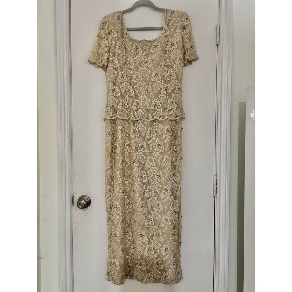 Vtg Stenay Cream Gold Beaded Sequin Formal Gown Dress 12 Cocktail Evening Maxi